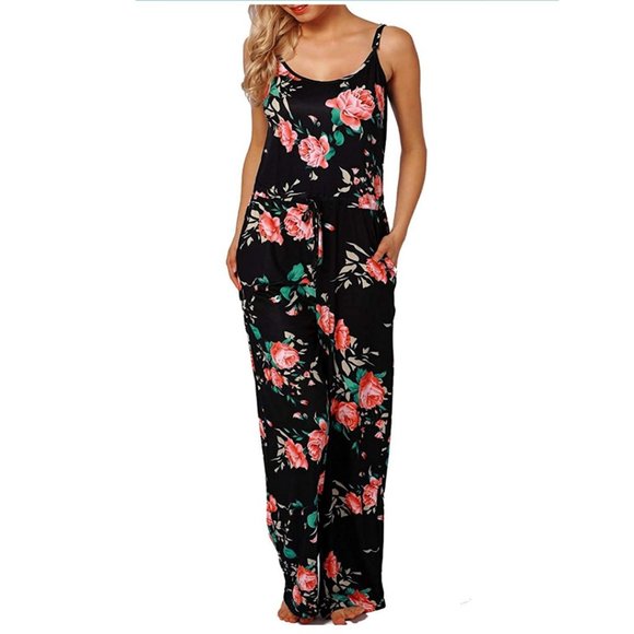 NWOT Black Floral Printed Casual Pocket Jumpsuit - Picture 2 of 7